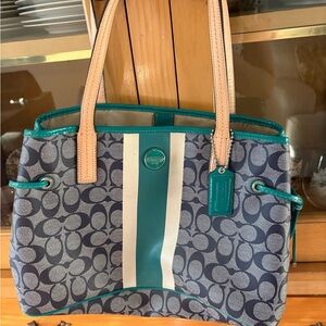 Coach greenish blue Signature Canvas Tote with Teal and Cream Accents